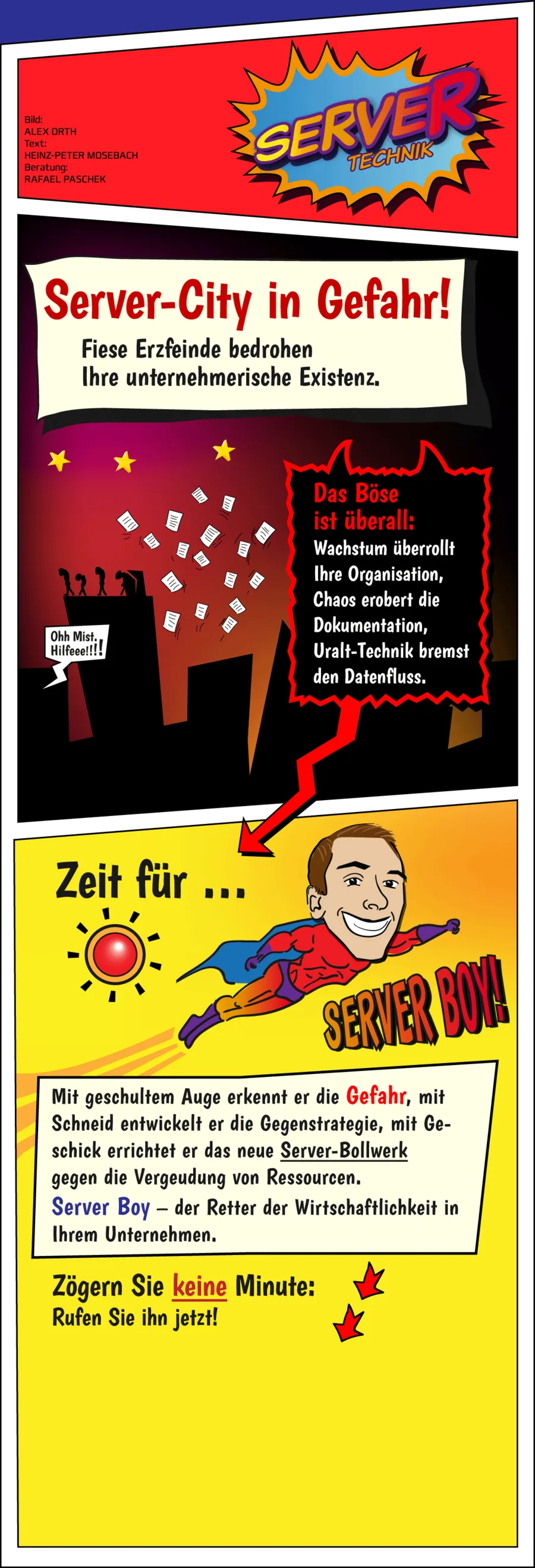 Comicseite: Server-City in Gefahr — Server Boy eilt zur Hilfe
