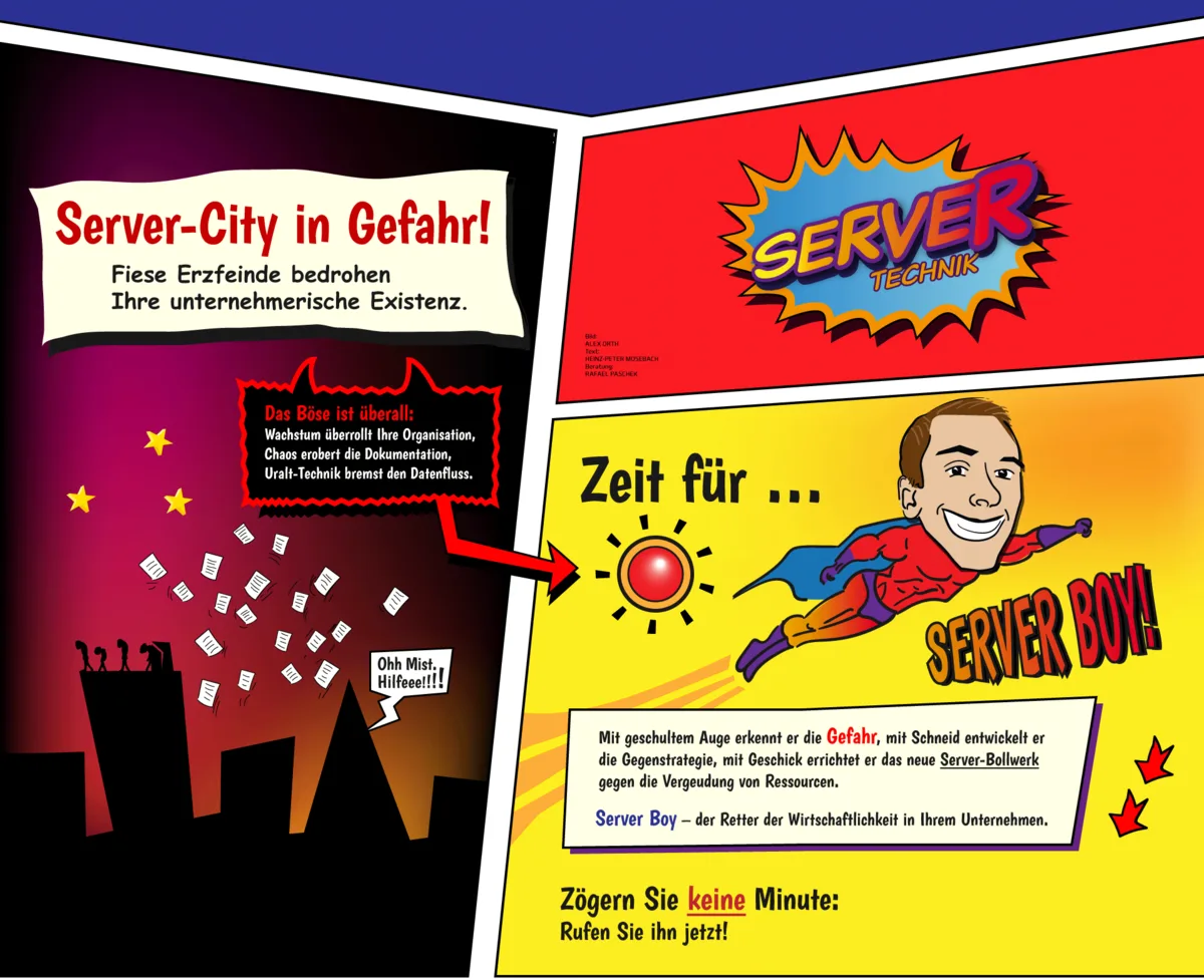 Comicseite: Server-City in Gefahr — Server Boy eilt zur Hilfe